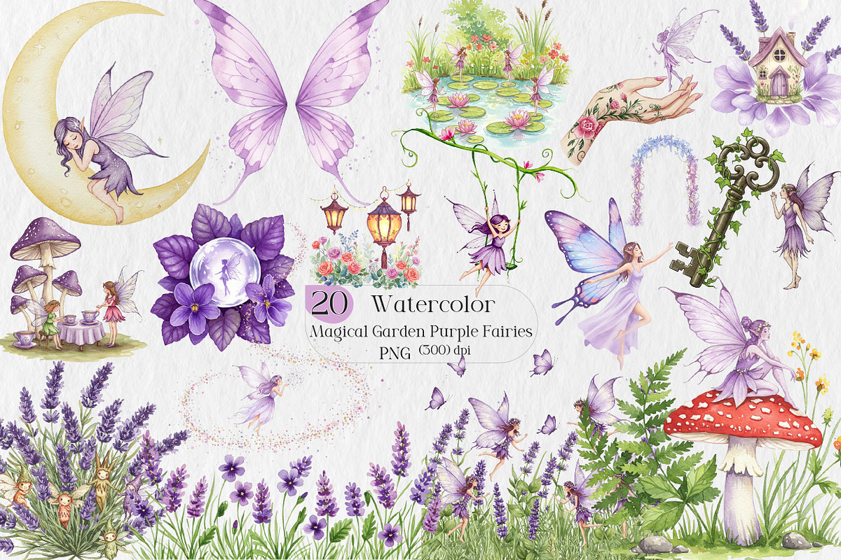 Watercolor Magical Garden Purple Png, an Illustration by Creative Art (Photo 1 of 7)