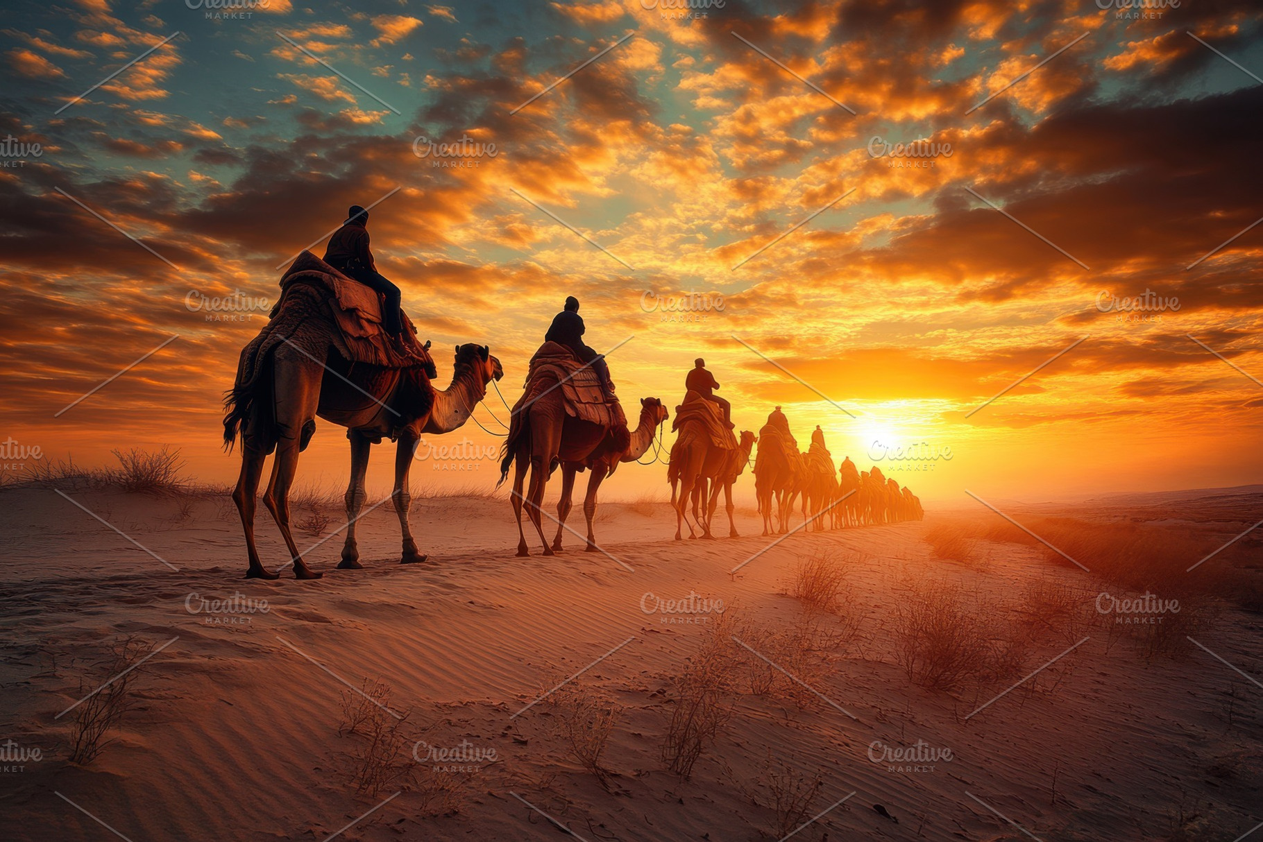 Camel Caravan Sunset Desert Journey, an Animal Photo by Pixeness Studio