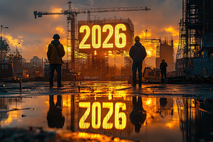 Construction workers standing on a wet urban site with glowing 2, a Background Photo by José Manuel Gelpi