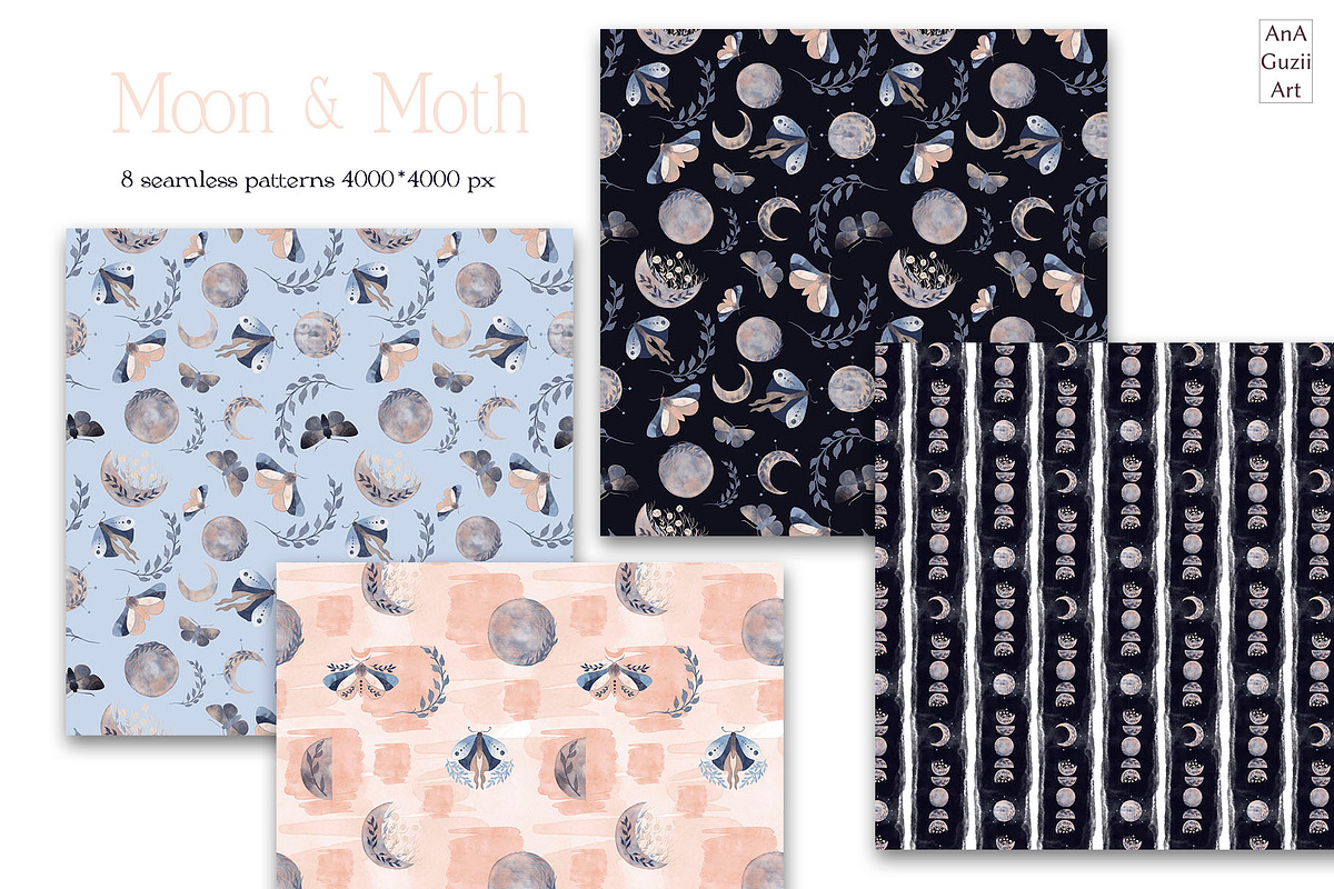 Moon and moth pattern & clipart, a Decorative Illustration by AnaGuziiArt (Photo 2 of 6)