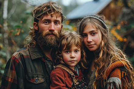 Portrait of a hippie family of three in the woods. A man with a, a Photo by AS photostudio