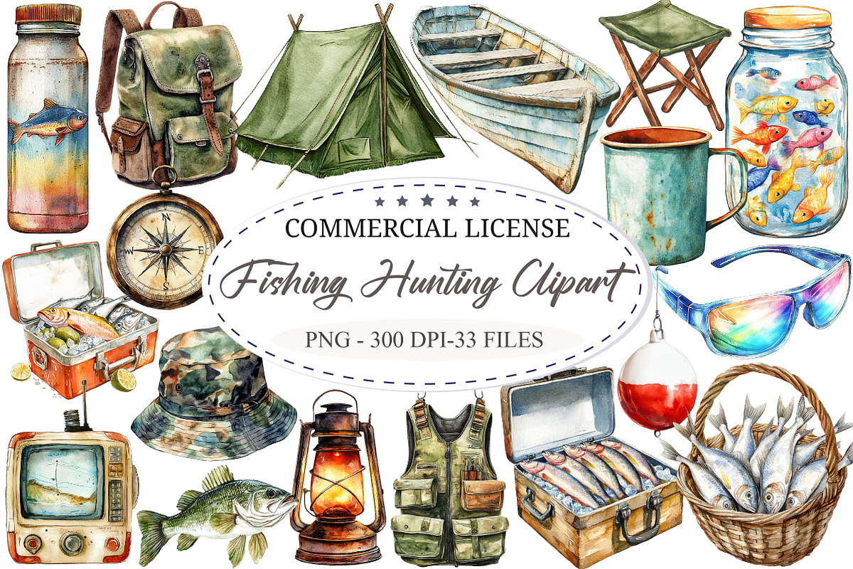 Watercolor Fishing Hunting Clipart, a Seasonal Illustration by designcity5 (Photo 1 of 5)