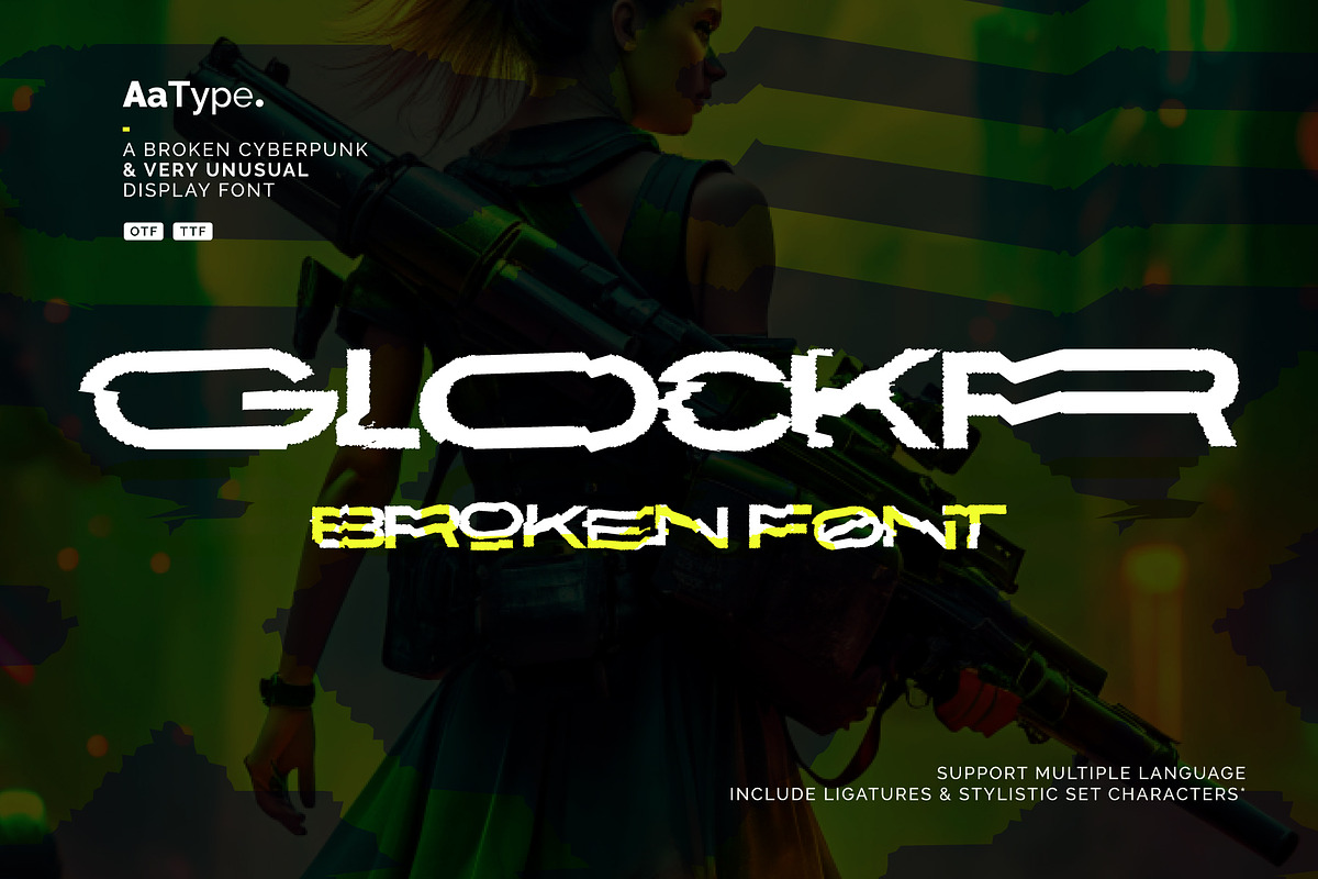 Glockr - Broken Cyberpunk Font, a Sans Serif Font by AaType. (Photo 1 of 6)