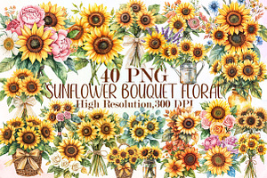 Sunflower Bouquet Floral Clipart, an Illustration by Sublimation Artist