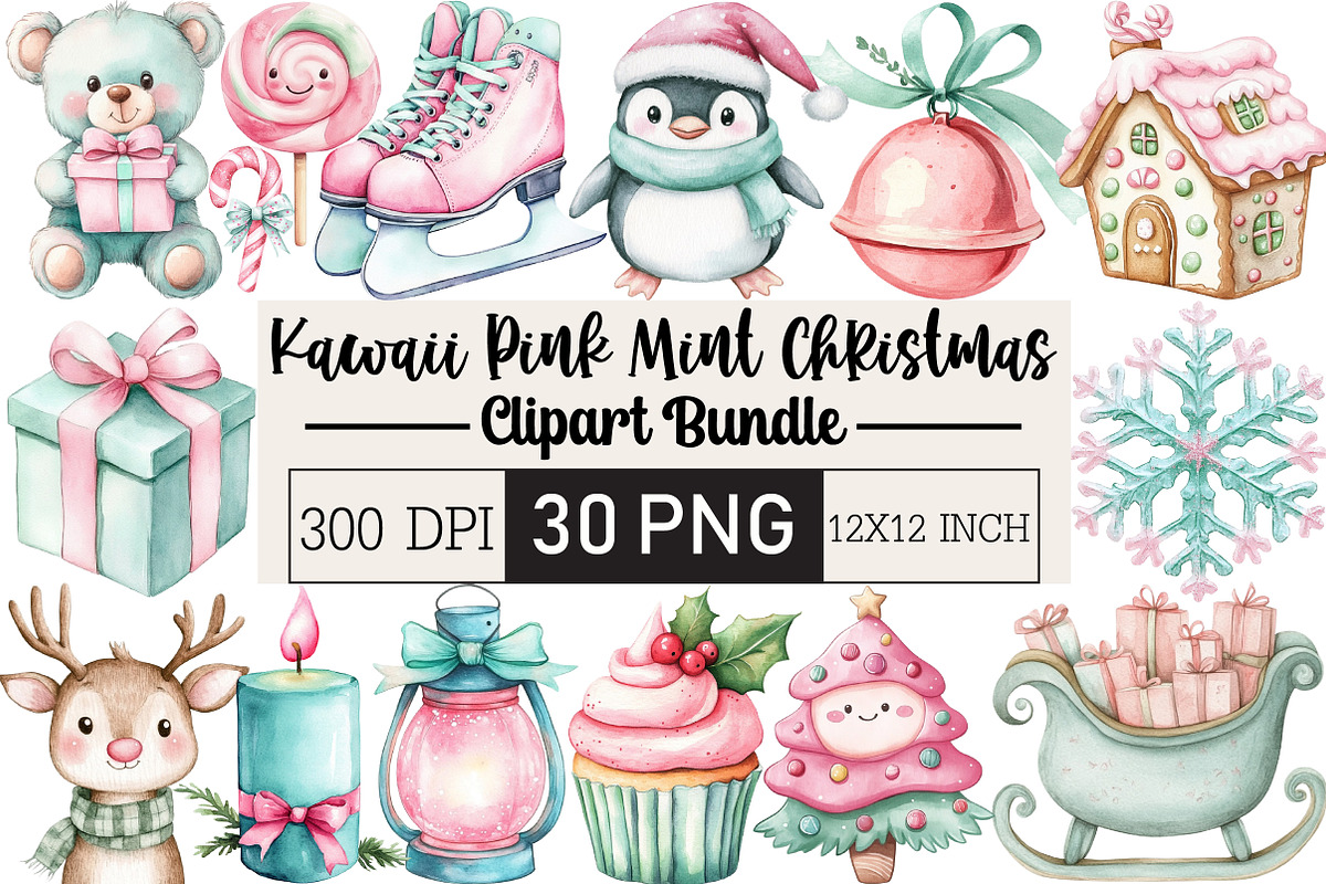 Kawaii Pink Mint Christmas Clipart, an Illustration by Black Bird Studio (Photo 1 of 6)