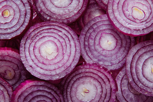 Red onion slices form circles, a Photo by Pavel_design