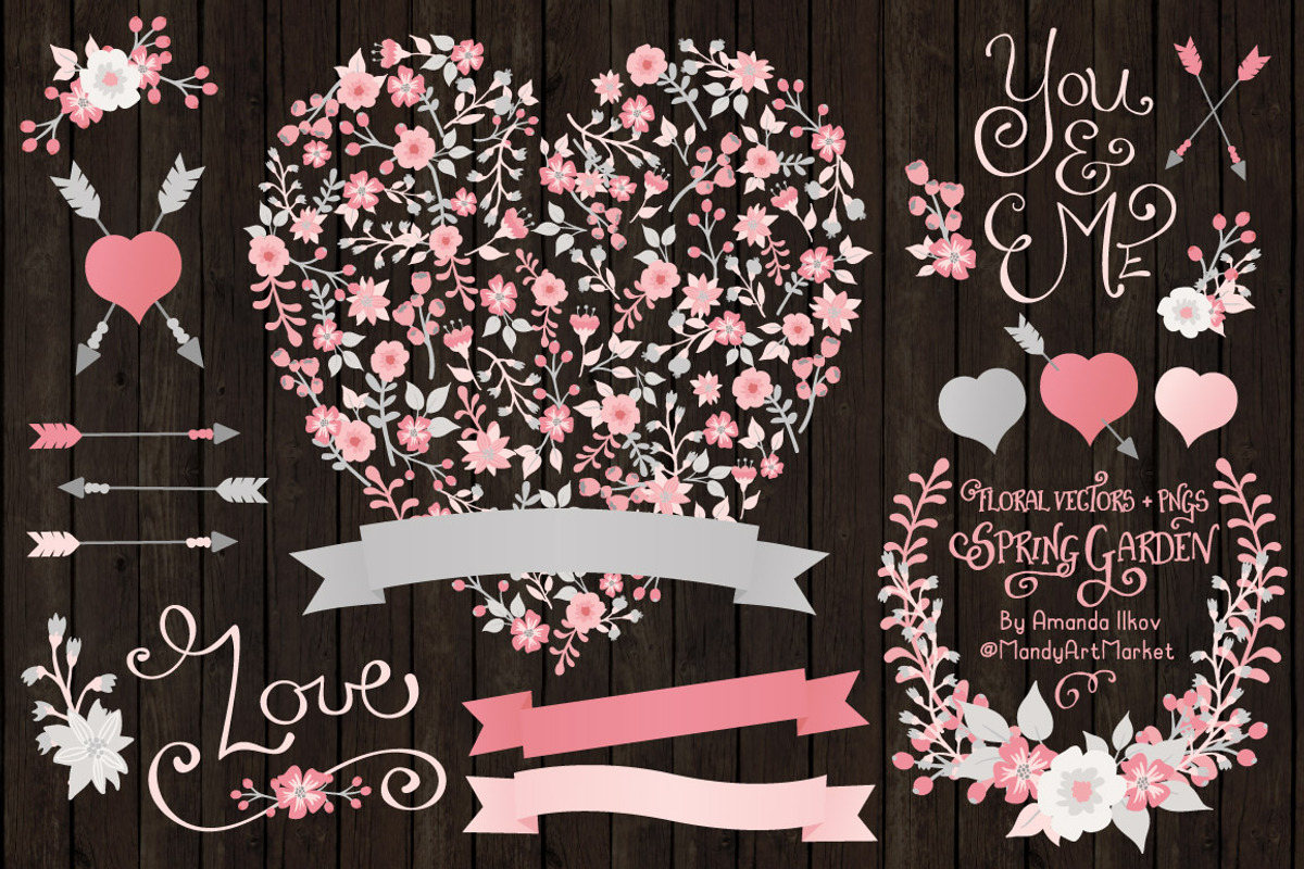 Pink & Grey Floral Heart & Banners, an Illustration by Amanda Ilkov (Photo 2 of 4)