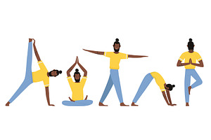 Afro Yoga Teacher in Various Poses, a Person Illustration by Flashvector