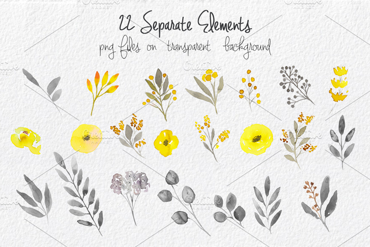 Yellow & Grey Flowers hand painted, a Decorative Illustration by MaraquelaStudio (Photo 3 of 8)
