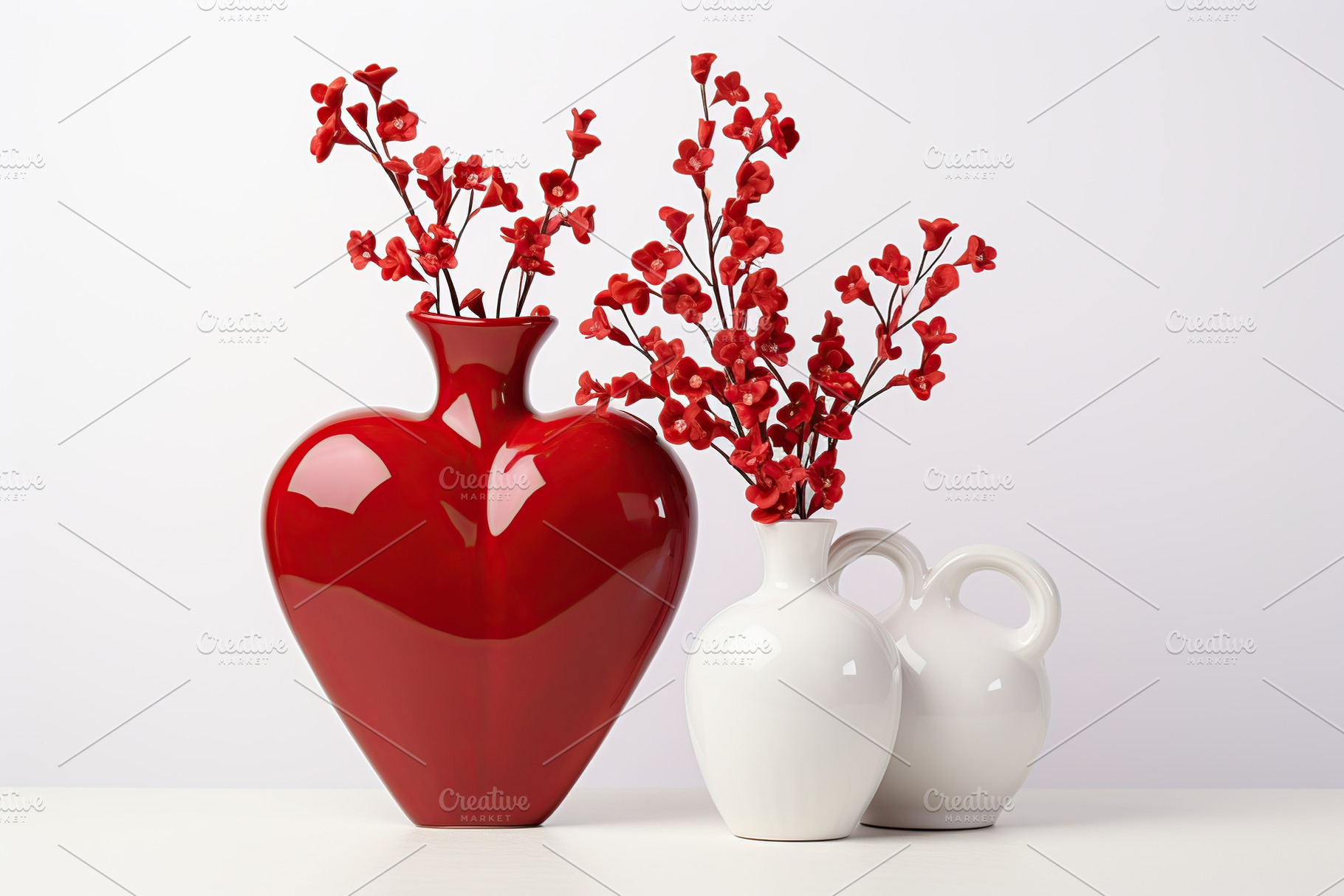 Red ceramic vases and flowers. Valentines day, a Holiday Photo by AlyaAnd