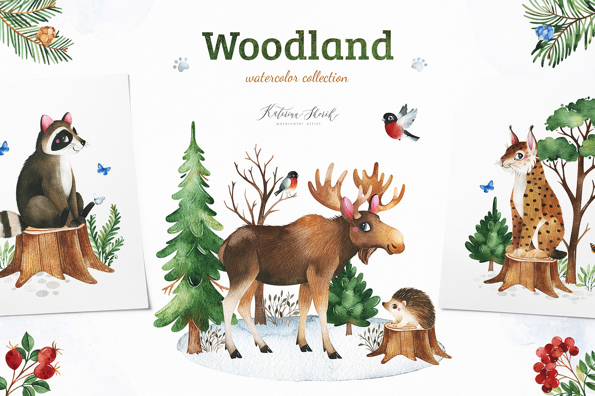 Woodland. Cute forest collection., an Animal Illustration by Kate_Rina (Photo 1 of 15)