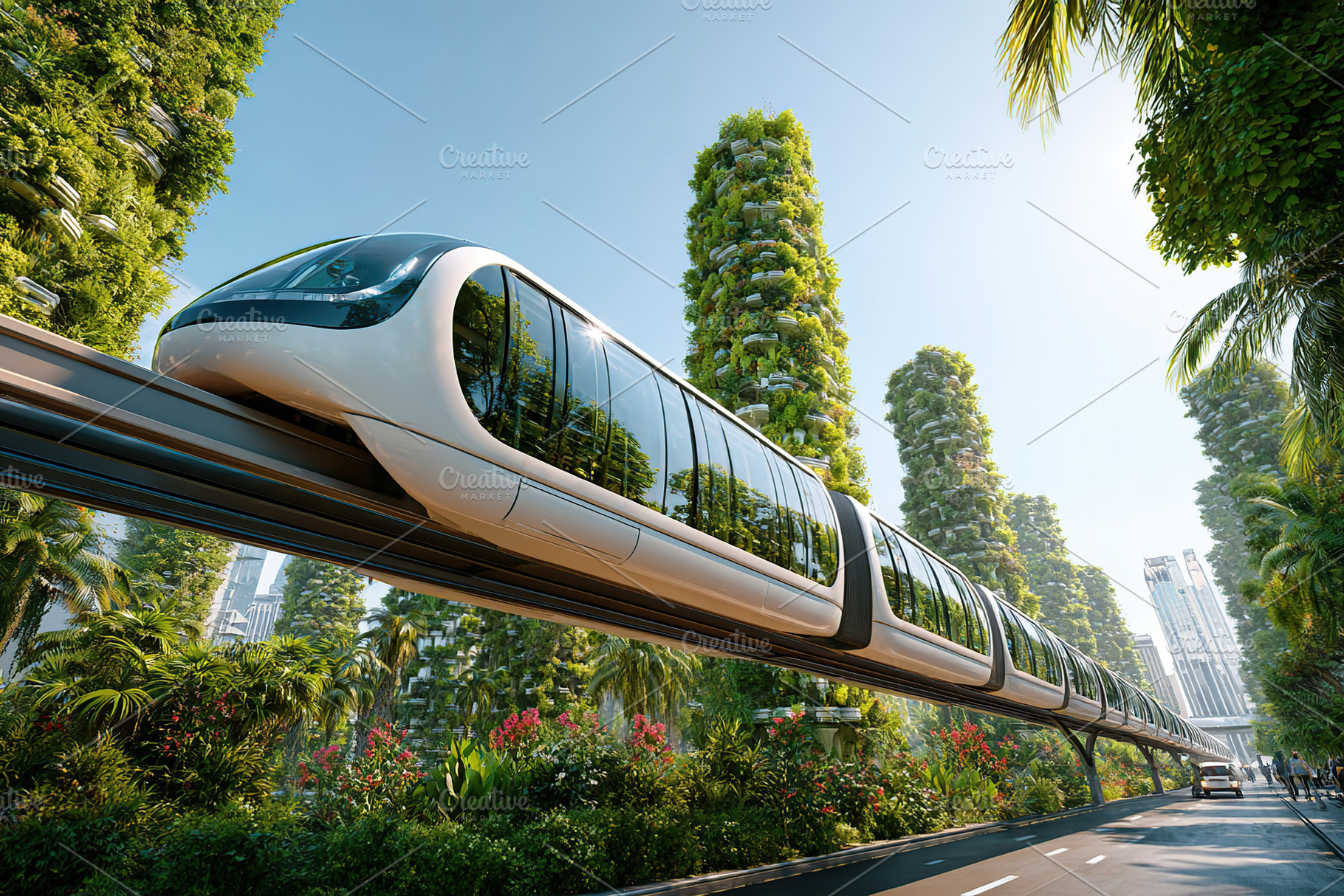 Modern transportation system travels through a green urban landscape in dayligh, a Transportation Photo by AlyaAnd