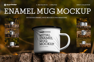 6 Enamel Mug Mockup. Rustic Outdoor