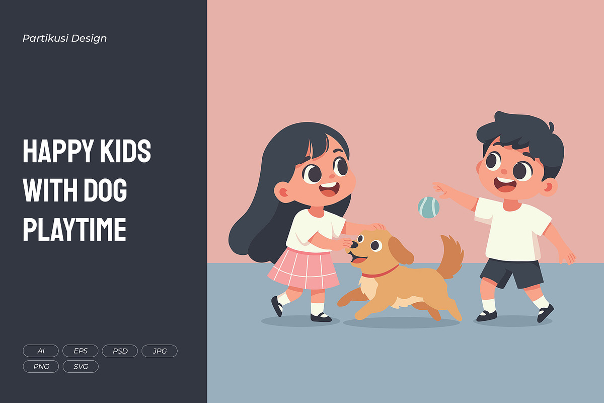 Happy Kids with Dog Playtime, an Animal Illustration by Partikusi Design (Photo 1 of 3)