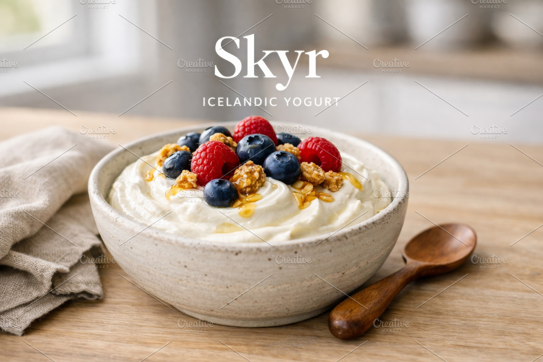 Skyr icelandic yogurt in ceramic bow, a Photo by Dvoevnore photos