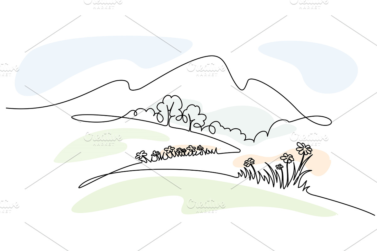 Landscape with flowers trees and, an Object Illustration by Valenty