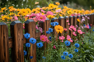 Vibrant garden blooms beside a woode, a Photo by Tanuart