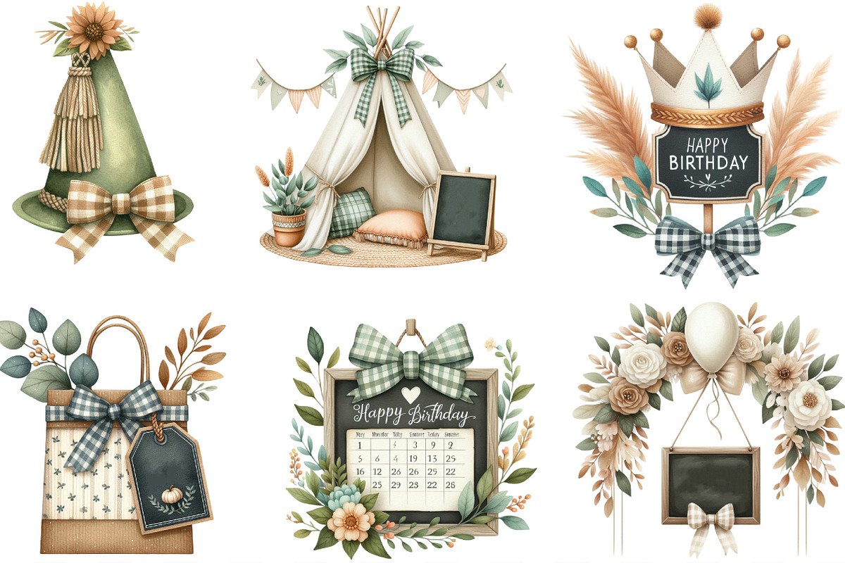 Boho Sage Green Birthday Clipart, an Illustration by Designking (Photo 2 of 4)