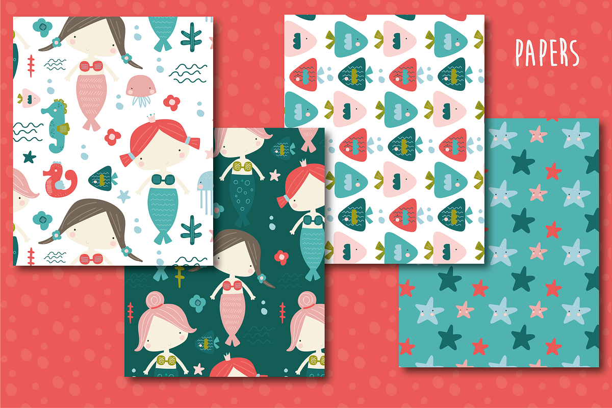 Mermaid paper, a Pattern Graphic by Poppymoondesign