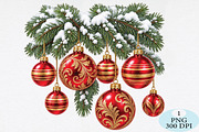 Snowy Pine Garland Red Ornaments PNG, a Seasonal Illustration by Daily.Designs (Thumbnail 1 of 5)