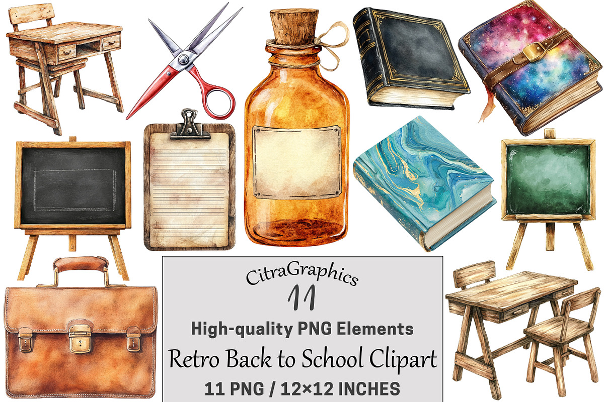 Retro Back to School Clipart, a Seasonal Illustration by CitraGraphics (Photo 1 of 3)