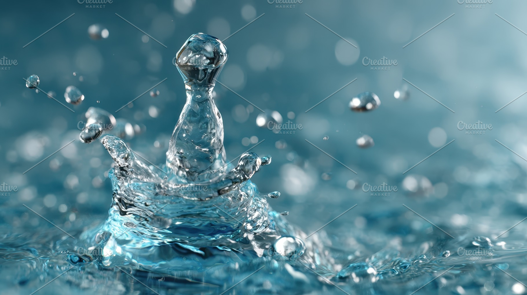 Water droplet splash crown blue back, a Photo by Pixeness Studio