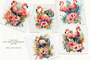 Watercolor Tropical Flamingos