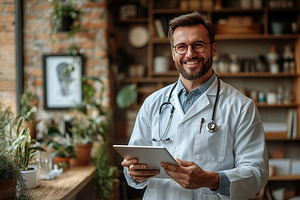 Doctor smiling while holding a table, a Photo by Tanuart