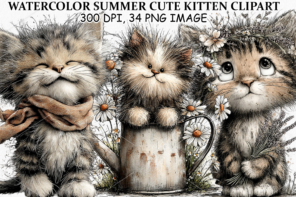 Watercolor Summer Cute Kitten PNG, a Seasonal Illustration by Canvas Craft (Photo 1 of 7)