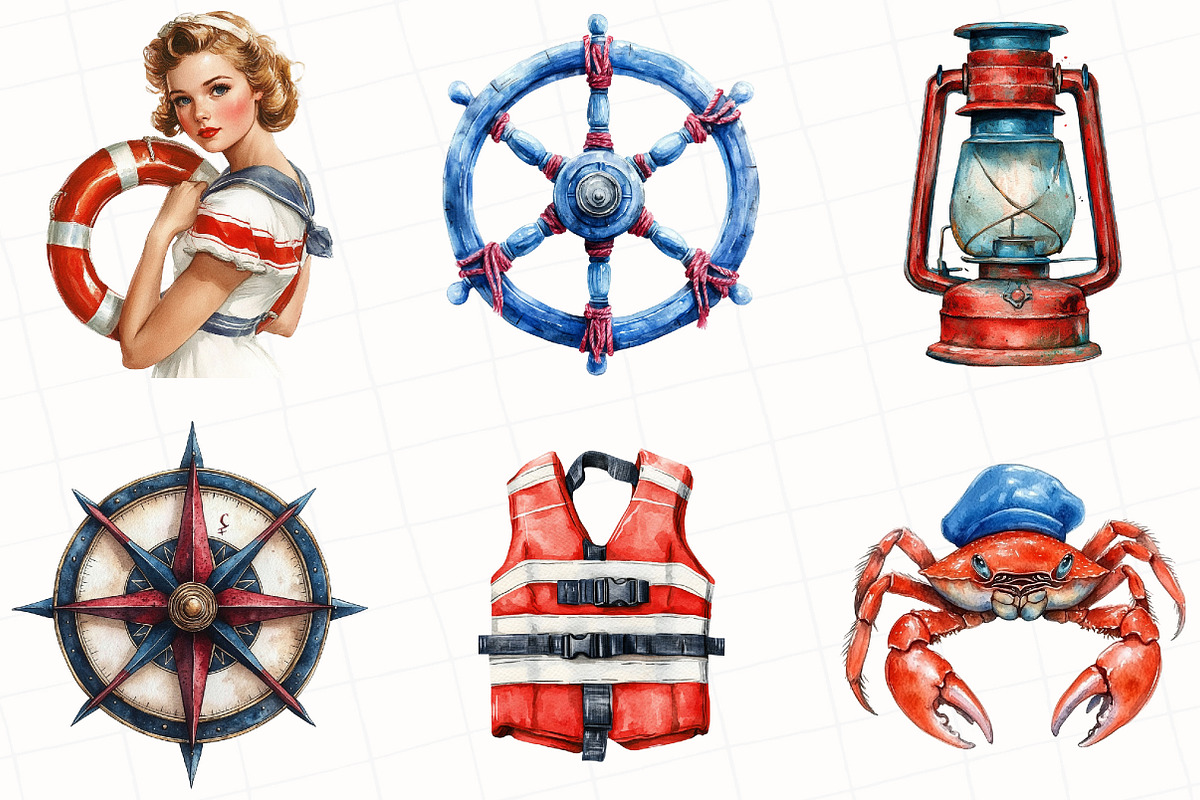 Watercolor Vintage Nautical Clipart, an Illustration by OK Design (Photo 2 of 5)