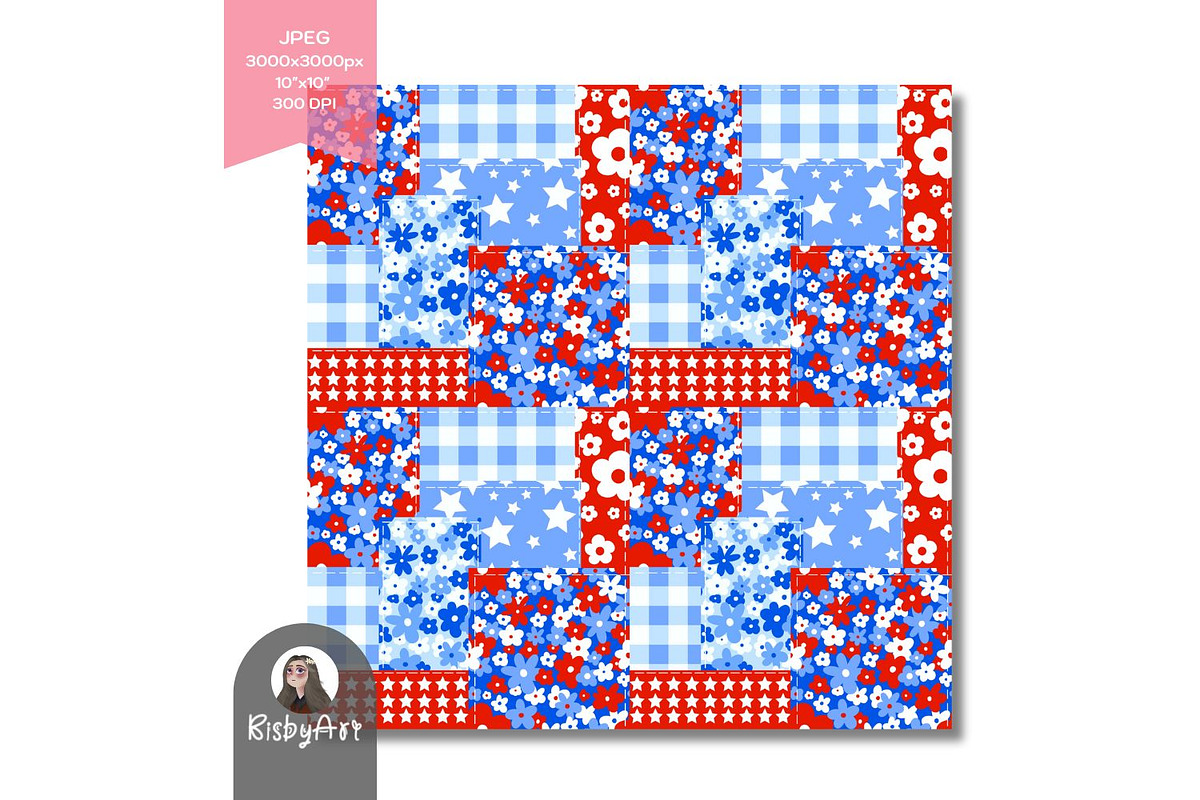 Patriotic Floral Patchwork Seamless, a Pattern Graphic by KisbyArt (Photo 3 of 4)