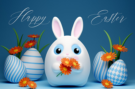 3d Easter bunny rabbit with flowers