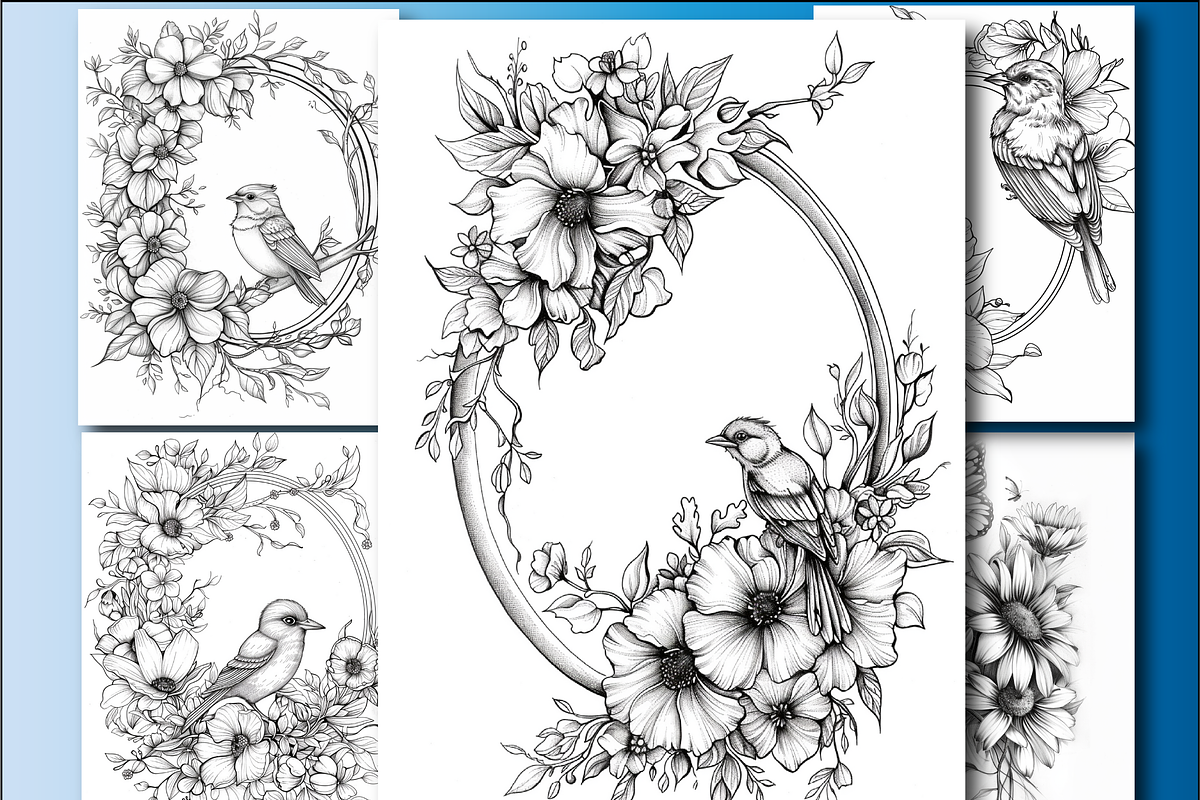 Birds and Flowers Coloring Pages, an Education Illustration by Printable Design Store (Photo 5 of 7)