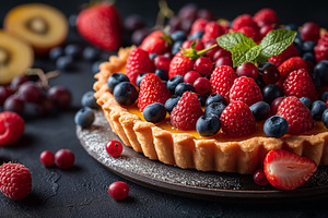 Delicious fruit tart adorned with fresh strawberries, blueberrie, a Food & Drink Photo by ImageMir