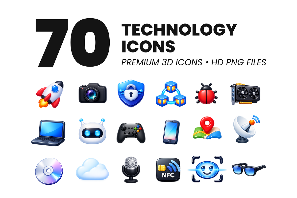 70 Technology 3D Premium Icons, a Solid Icon by Icons Drop (Photo 1 of 5)