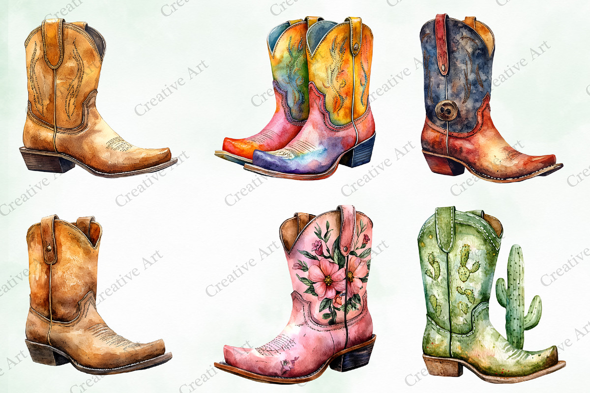 Western Boots Watercolor Clipart, an Illustration by Creative Art (Photo 5 of 10)