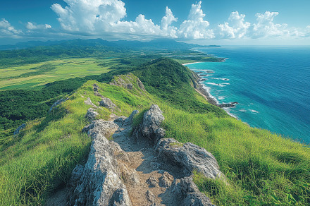 Stunning coastal landscape with lush, a Photo by Tanuart