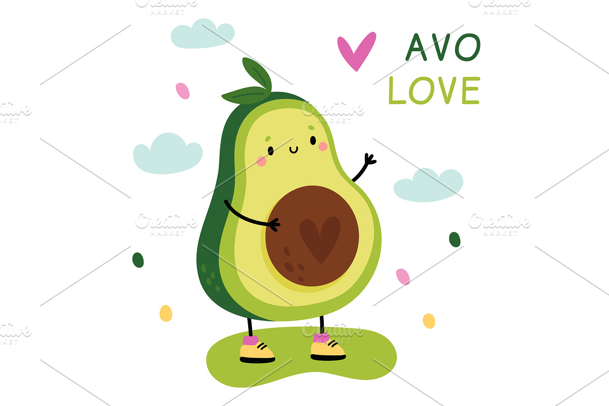 Cute happy avocado card. Cartoon, a Food Illustration by Vectorbuum