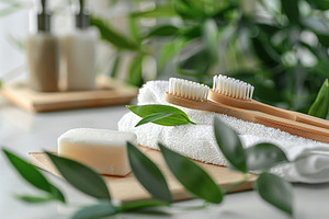 Bathroom table with bamboo toothbrushes, white towel, soap and green leafs, a Health & Medical Photo by AlyaAnd