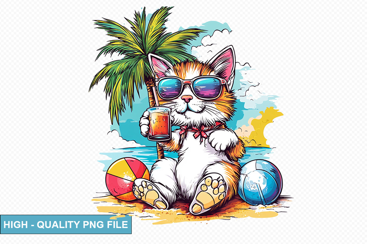 Cute Cat on the Beach Clipart Bundle, an Illustration by crative8112 (Photo 5 of 9)
