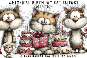 Whimsical Birthday Cat Clipart, an Illustration by OK Design