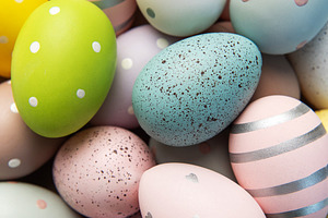 Pastel colored easter eggs with various patterns, a Holiday Photo by Olena Rudo