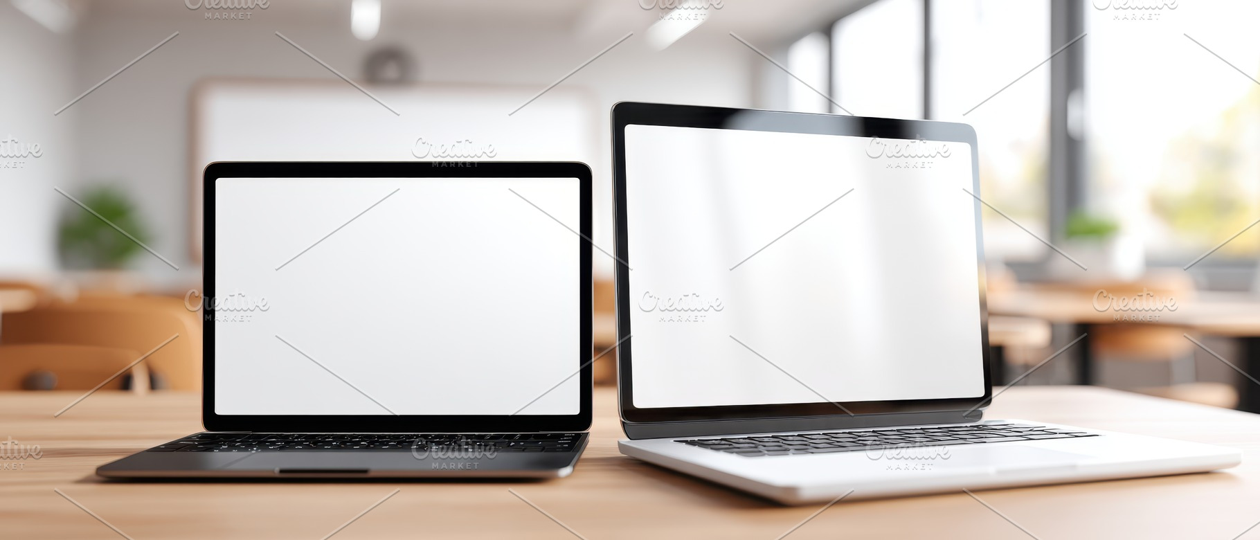 Laptop on desk with blank screen in bright workspace, a Technology Photo by AlyaAnd