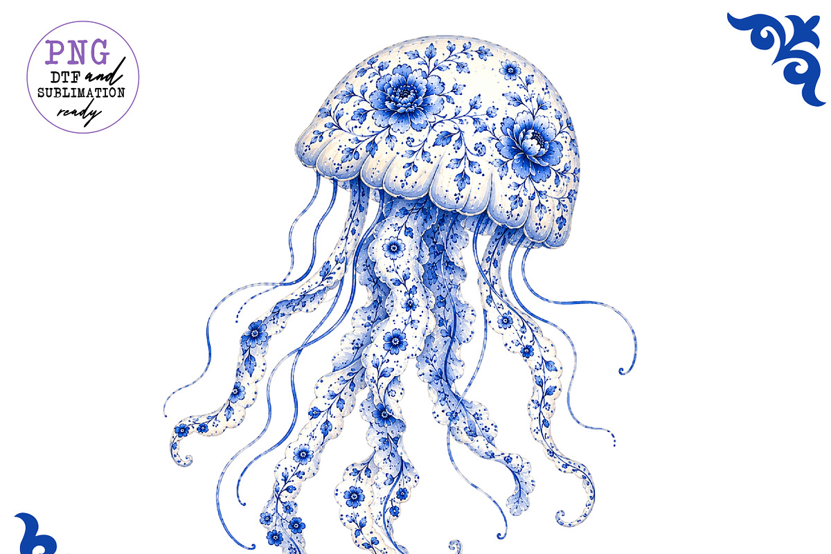 Chinoiserie Blue Sea Animals Clipart, a Work Illustration by CreationArt (Photo 5 of 11)
