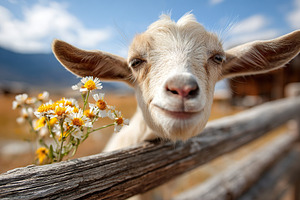 Goat curiously peeking over wooden fence with flowers in peaceful countryside s, an Animal Photo by AlyaAnd