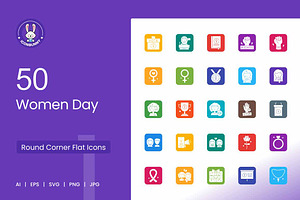 50 Women Day Round Corner Flat Icons, an Icon by IconBunny