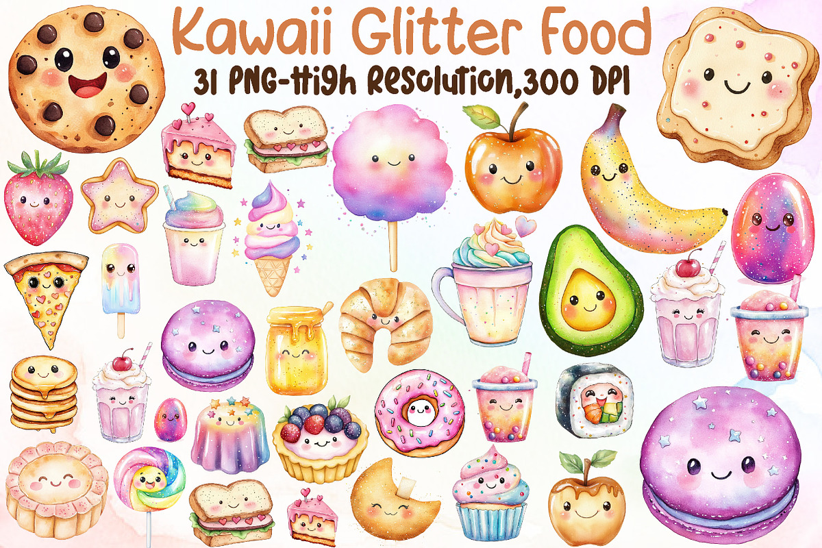 Kawaii Glitter Food Clipart Bundle, an Illustration by Sublimation Artist (Photo 1 of 6)