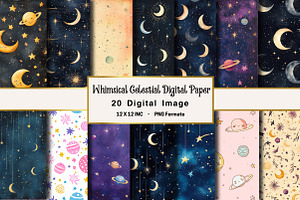 Whimsical Celestial Digital Paper, an Illustration by OK Design