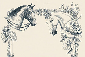 Equestrian themed vintage botanical frame with horse heads, sadd, an Illustration by Studio ANNA
