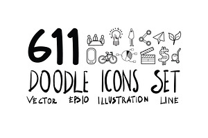 611 doodle line icons set